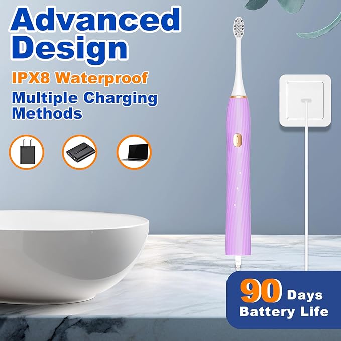 Electric Toothbrush for Adults and Kids, with Tongue Scraper and Travel Case, 8 Brush Head, Smart Timer & 4 Modes Rechargeable Toothbrush, 42000 VPM Deep Clean, One Charge Last 90 Days - Purple