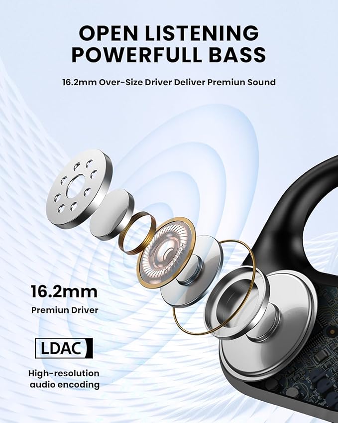 Open Ear Headphones,Bluetooth 5.3 Air Conduction Headphones ,Comfortable for Long Wear ,Powerful Bass,AI Clear Calls,30H Playback,IPX6 Light Weight Open Ear Earbuds with Ear-Hook for Workout,Running-StrideForce Fitness