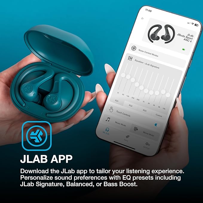 JLab JBuds Sport ANC 4 True Wireless Bluetooth Earbuds + Charging Case, Teal, Swipe + Touch Controls, Hybrid Active Noise Cancelation, Multipoint Connect, Customized Settings App-StrideForce Fitness