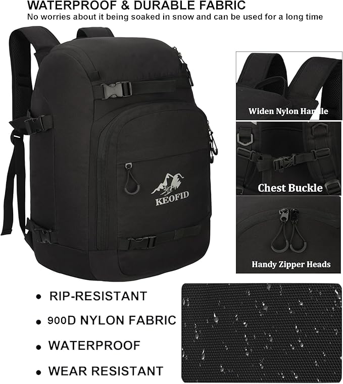 KEOFID 50L Ski Boot Bag Backpack, Waterproof Ski Bag, Travel Backpack for Ski Helmet, Snowboard-StrideForce Fitness