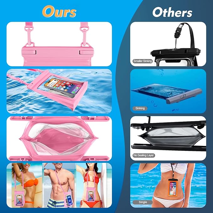 Large Waterproof Phone Pouch [with Sealing Strip], Cell Phone Dry Bag for iPhone 16 15 14 13 Pro Max Galaxy S25 S24 S23 All Devices, Floating Water Proof Bag for Beach Water Park Pink-StrideForce Fitness