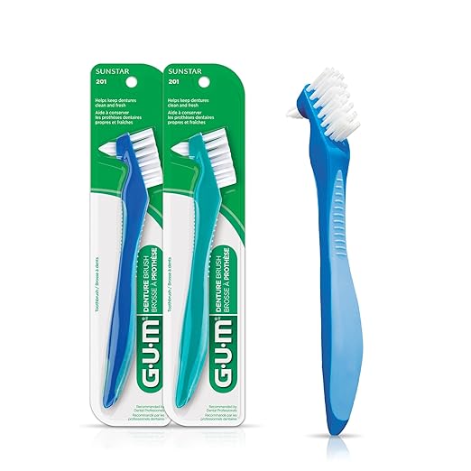 GUM Denture Brush - Dual Headed Hard Bristle Toothbrush for Dentures & Acrylic Retainers - Dentist Recommended Denture Cleaner (Pack of 2)
