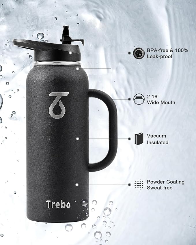 Trebo 40oz Water Bottle Insulated with Handle, Stainless Steel Metal Large Jug,Travel Flask with Straw Spout Lid,Mug Tumbler Cup with Carry Pouch,Keep Cold Hot, Indigo Black-StrideForce Fitness