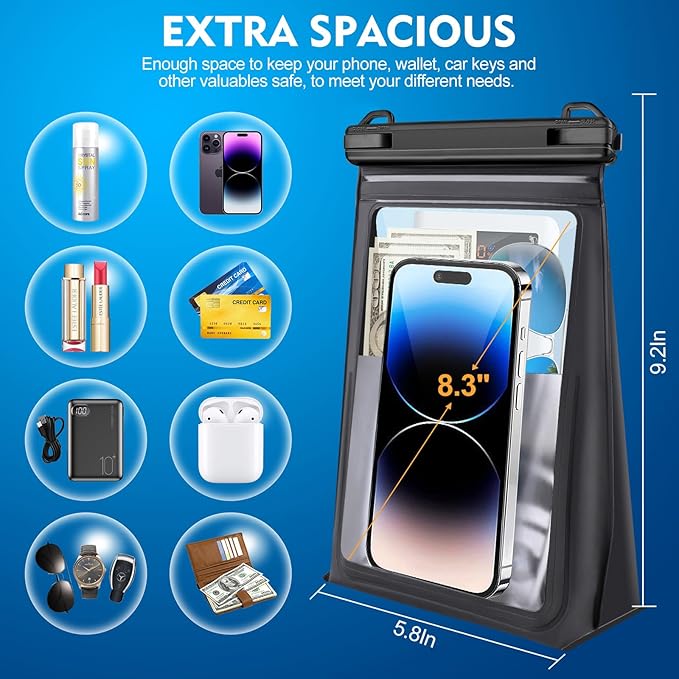 Large Floating Waterproof Phone Pouch [with Sealing Strip], Cell Phone Dry Bag for iPhone 16 15 14 13 12 Pro Max Galaxy Google All Devices, Float Waterproof Bag for Beach Vacation-StrideForce Fitness