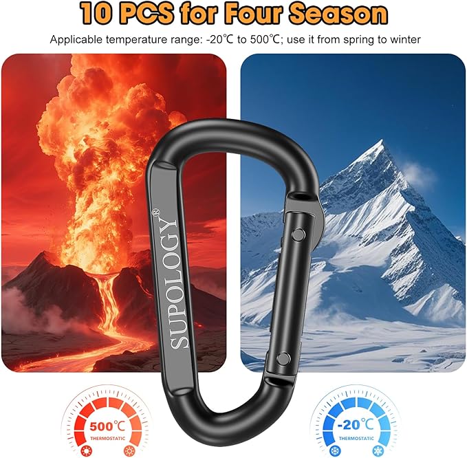 10 PCS Carabiner Clips, Heavy Duty Carabiners D Ring Hook, 900 LBS 2.5" Steel Black Carabeaner Clip Multipurpose for Key Chain, Camping, Hiking, Gym, Backpacking, Pet Leash-StrideForce Fitness