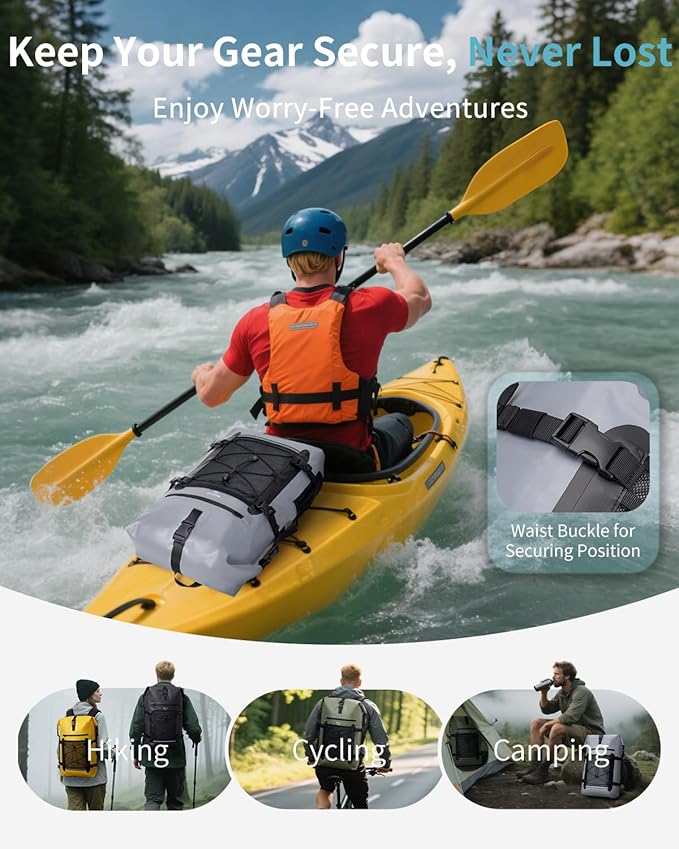 ECOHUB Waterproof Backpack for Women Men, 30L Roll-Top Closure Heavy Duty Dry Bag for Travel with IPX8 Waterproof Phone Case-StrideForce Fitness