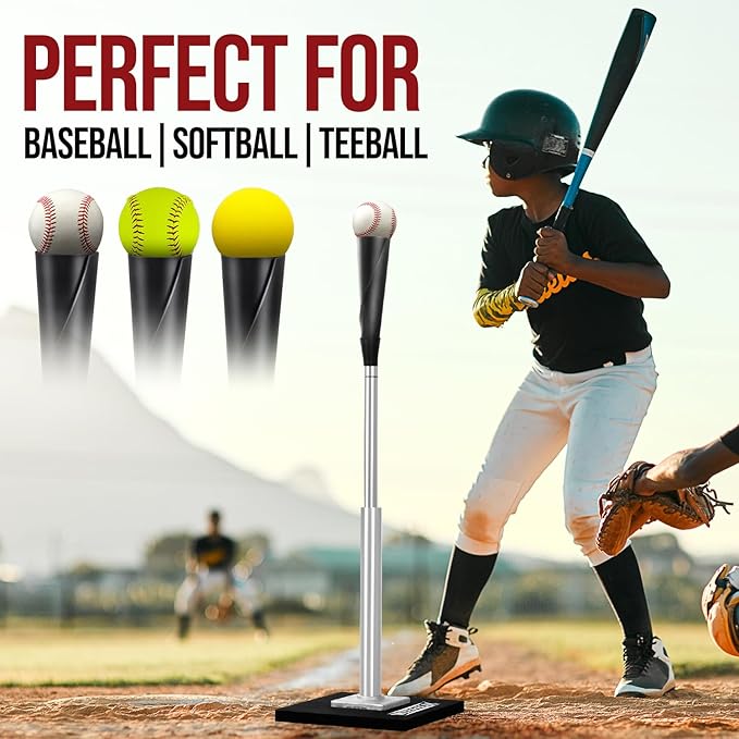 Batting Tee for Baseball/Softball, Premium Hitting Tee with Handrolled Rubber Top,Aluminum Stem,Metal Base,Easy Setup Baseball Tee Height Adjustable 24-46 inch for Kids and Adults-StrideForce Fitness