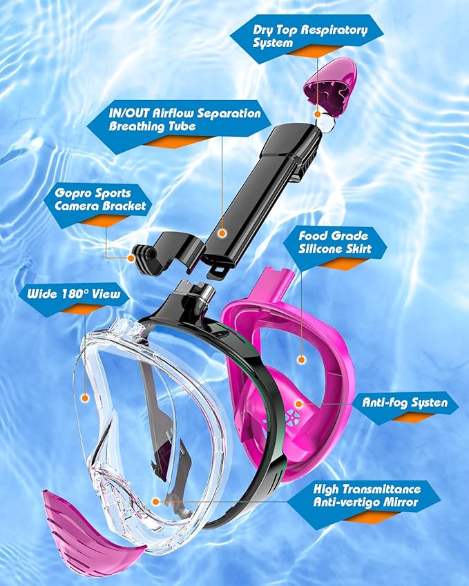 QingSong Full Face Snorkel Mask for Adults, Snorkeling Gear with Camera Mount, 180 Degree Panoramic View Snorkel Set Anti-Fog Anti-Leak-StrideForce Fitness