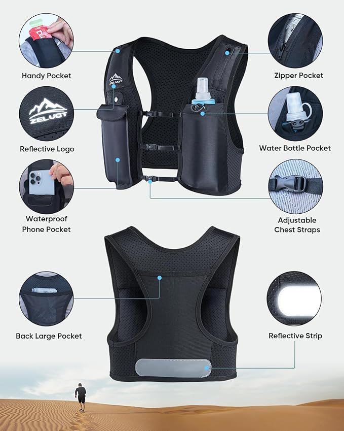 Running Vest for Women Men, USA Original Patent, Adjustable Chest Straps Running Hydration Vest with 500ml Soft Flask, Lightweight Reflective Hydration Backpack for Marathon-StrideForce Fitness