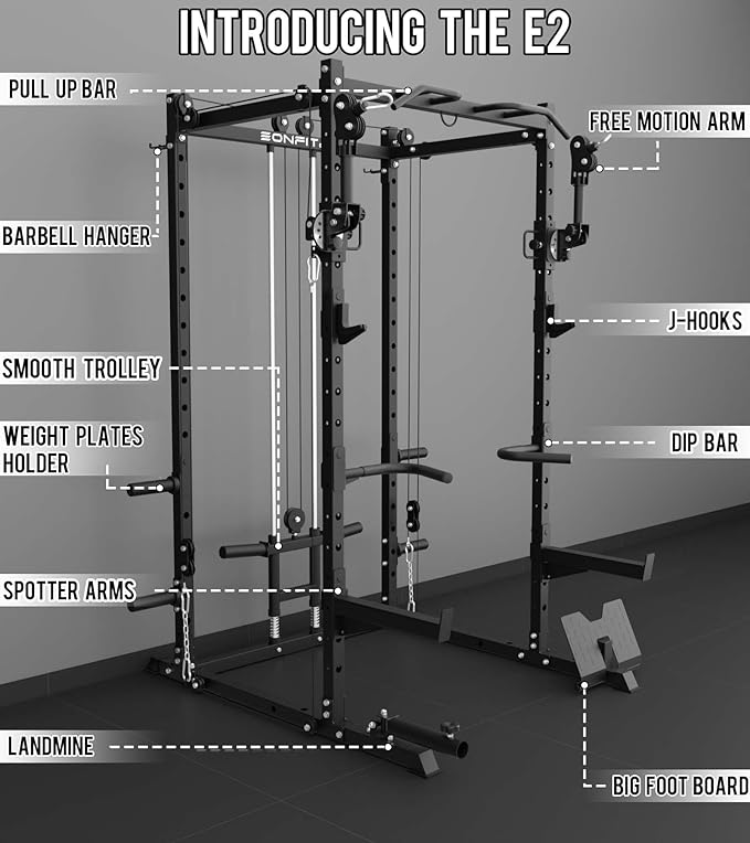 Eonfit E2 Power Cage，1500LB Squat Rack with Cable Crossover System.Multi-Function Power Rack for Home Gum.All-in-One Squat Rack with More Training Attachments-StrideForce Fitness