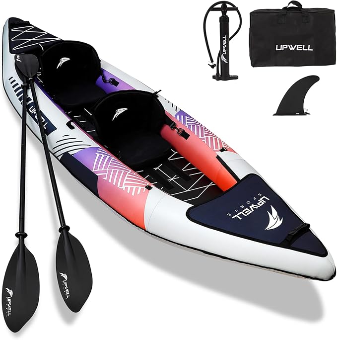 UPWELL 13'6”/11' Inflatable Recreational Kayak - 2 Person with Drop Stitch Floor and Accessories Including Kayak Seats with High Back Support, Paddle, Fin, Repair Kits, Carry Bag and Hand Pump-StrideForce Fitness