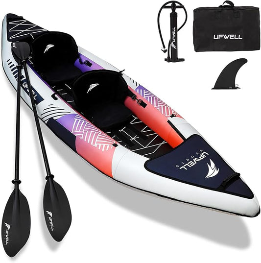 UPWELL 13'6”/11' Inflatable Recreational Kayak - 2 Person with Drop Stitch Floor and Accessories Including Kayak Seats with High Back Support, Paddle, Fin, Repair Kits, Carry Bag and Hand Pump-StrideForce Fitness