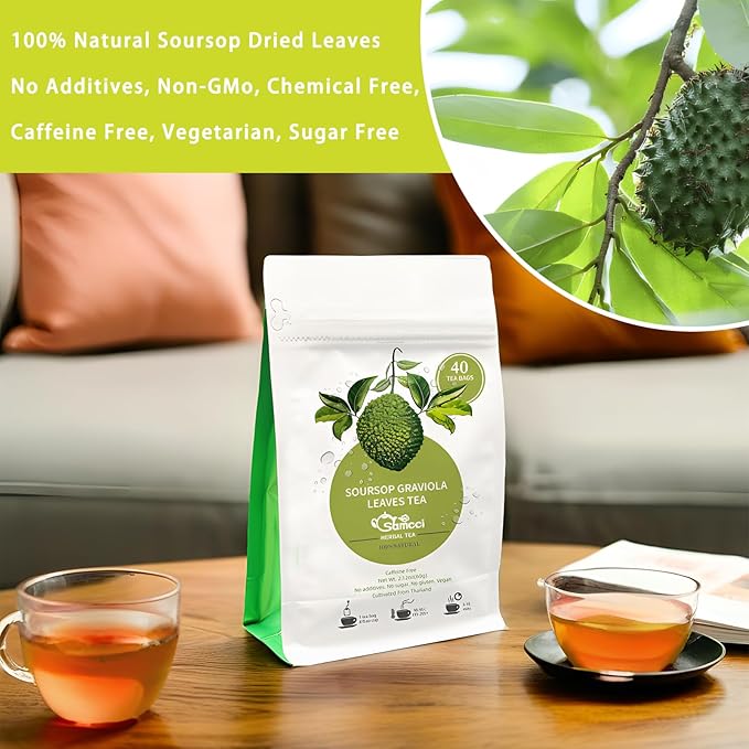 Samcci - Soursop Leaves Tea Bags, 40Teabags, 1.5g/bag, 100% Pure Sour Sop Graviola leaves Tea - Hojas De Guanabana Tea - Improve Digestion - Promotes Skin Health - Non-GMO - Caffeine-Free-StrideForce Fitness