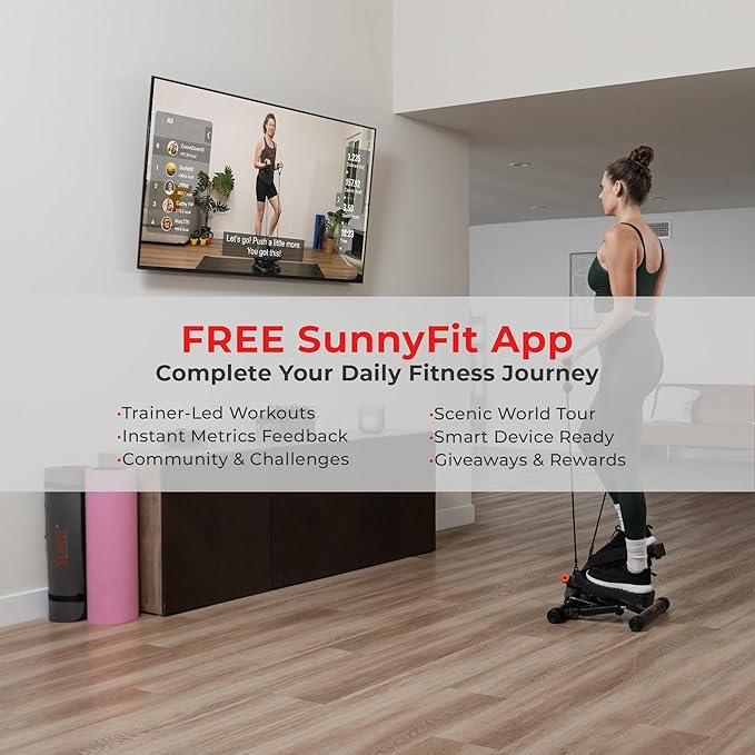 Sunny Health & Fitness Mini Stepper for Exercise at Home, Stair Step Workout Machine with Resistance Band and Over 300lb Weight Capacity, Optional Twist Motion and Free SunnyFit App Connection-StrideForce Fitness