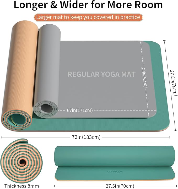 Extra Thick 8mm Yoga Mat, 72"x28" Non Slip Exercise Mat, Reversible 2-Sided Dual Color Premium POE Material, with Carrying Strap for Yoga, Pilates, Home Gym-StrideForce Fitness
