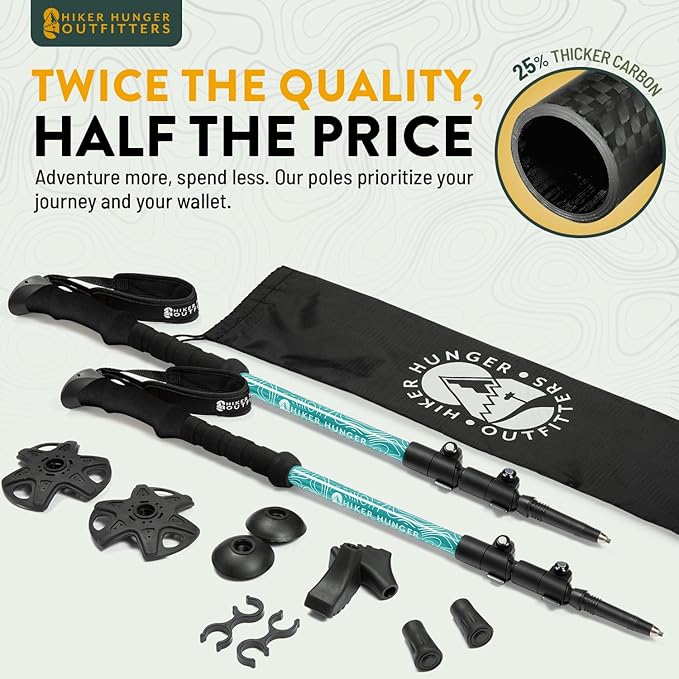 100% Carbon Fiber Trekking Poles by USA Brand - Ultra Strong Lightweight Collapsible Hiking Poles with Cork and EVA Foam Grips & Quick Adjustable Flip Locks-StrideForce Fitness
