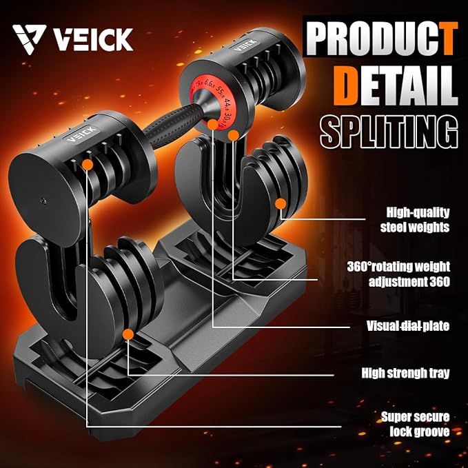 VEICK 25/55 lbs Adjustable Dumbbell with Anti-Slip Turning Handle, Fast Adjust Weight for Men Women, Exercise Equipment with Tray for Home Gym Full Body Workout Fitness-StrideForce Fitness
