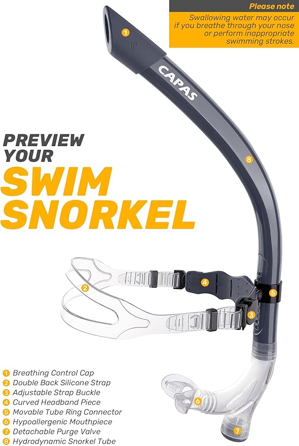 CAPAS Training Swim Snorkel for Lap Swimming, Swivel Headband Ultimate Fit Center-Mount Swimmers Snorkel with Liquid Silicone Mouthpiece Adjustable Strap, Designed for Adult Men Women-StrideForce Fitness