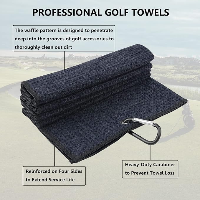 3 Pack Large Golf Towels, 16" x 24" Tri-Fold Portable Microfiber Fabric Waffle Pattern Golf Towel for Golf Bag with Carabiner Clip to Quickly Remove Sand, Mud, Dirt and Sweat-StrideForce Fitness