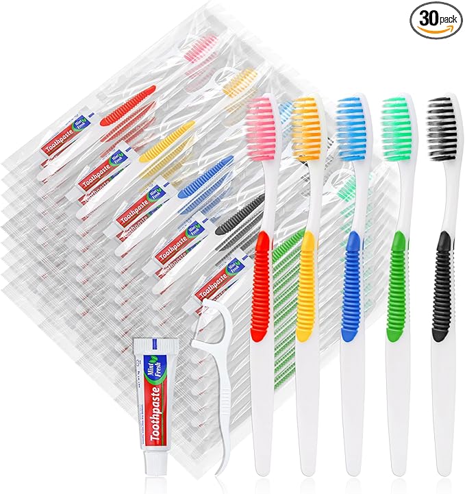 HAIFOTRVA Disposable Toothbrushes with Toothpaste and Floss,30pcs Single Use Individually Wrapped Disposable Travel Toothbrushes and Dental Floss Kit Bulk for Homeless,Airbnb,Dentist,Hotel(5 Colors)