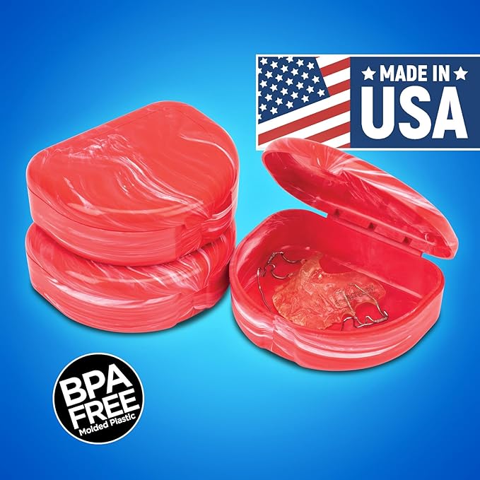 Practicon Marble Retainer Cases, Orthodontic Aligner Case, Mouth Guard Holder (3 Pack) (Red)