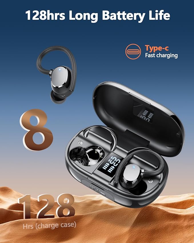 Ear Buds Wireless Bluetooth Earbuds Sport 2025 New Bluetooth 5.3 Headphones with LED Display 128H Playtime Powerful Bass Over Ear Earphones with Earhooks IP7 Waterproof for Gym/Running/Workout-StrideForce Fitness