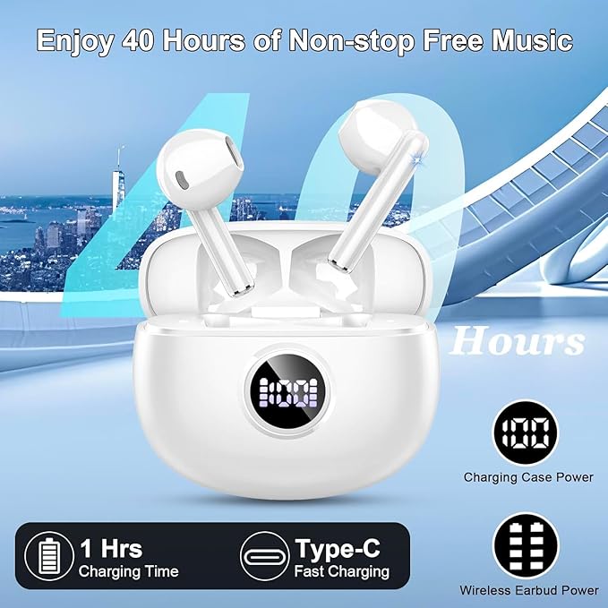 Wireless Earbuds, 2025 Bluetooth 5.3 Headphones HiFi Stereo Ear buds with ENC Noise Cancelling Mics, 40H Bluetooth Earbuds with Dual LED Display, IP7 Waterproof in Ear Earphones for Android iOS, White-StrideForce Fitness