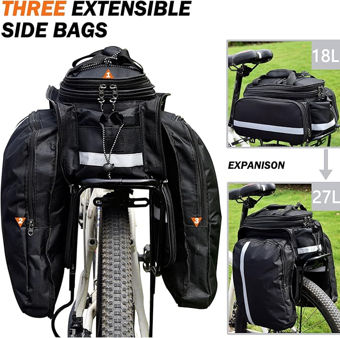 27L Adjustable Bike Pannier Bag with Hidden Rain Cover, 360° Reflective Strips, Multi-Functional Bicycle Saddle Bag for Grocery Shopping, Commuting, Cycling & Travel, Handheld & Crossbody Design-StrideForce Fitness