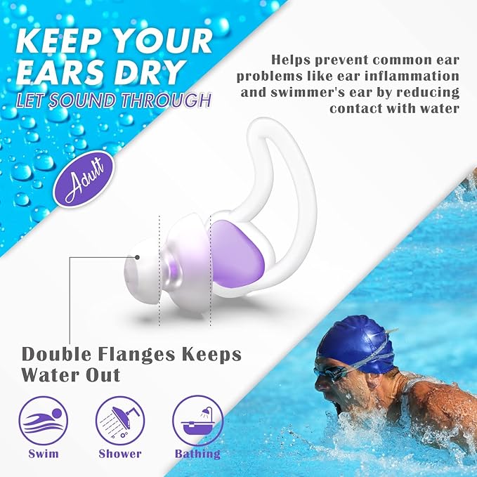 Hearprotek [2 Pairs] Swimmer Ear Plugs, Custom-fit Water Protection Adult Swimming earplugs for Swimmers Pool Shower Bathing and Other Water Sports (Purple)-StrideForce Fitness