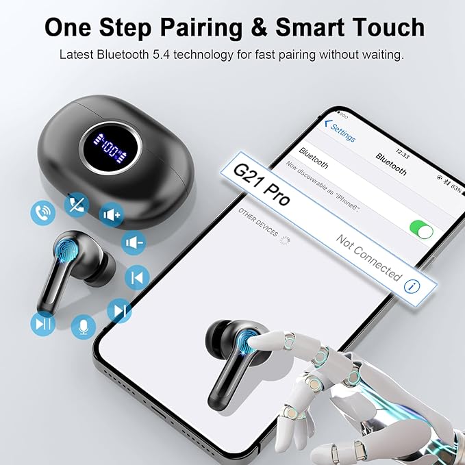 Wireless Earbuds, 2025 Bluetooth 5.4 Headphones 3D Bass Hi-Fi Stereo Ear Buds, 4 ENC Noise Cancelling Mic, 40+Hrs USB-C in-Ear Earphone, IP-X7 Waterproof Sport Workout Gym for Laptop Pad Android iOS-StrideForce Fitness