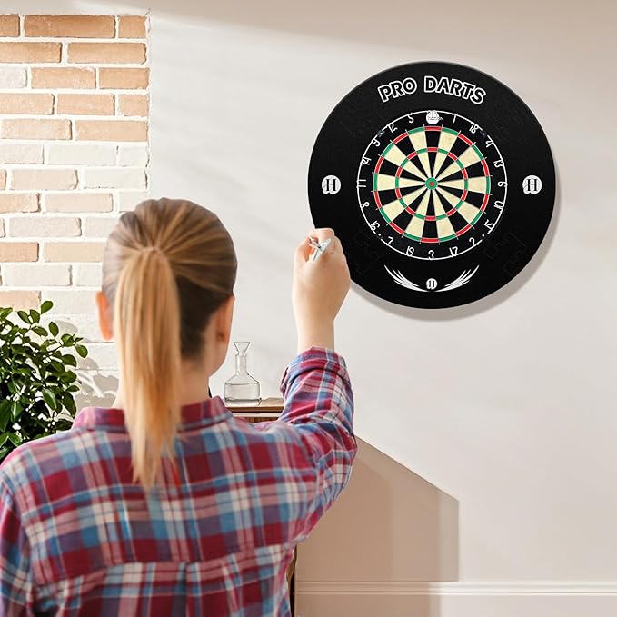 Bristle Dart Board Set, Professional Dart Board 18" with 6pcs 18g Darts Outdoor Dartboard Set, Compressed Sisal Metal Wire Board with Rotating Number Ring-StrideForce Fitness