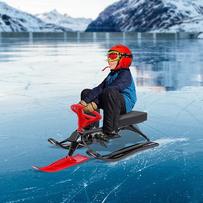 Snow Racer Sled for Kids, Dual Brakes Snowmobile Sled Ski with Steering Wheel, Snow Sledge for Skiing, Ice Skating, Sand Skating, Single Rider 45 x 20 x 15 inches-StrideForce Fitness