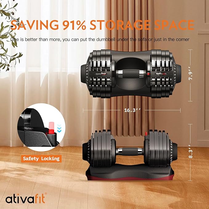 Ativafit 27.5/66/88LBS Pair Adjustable Dumbbell Set with Anti-slip Handle 12 In 1 Quick Dial Adjustment Weights With Safety Locking Button Space Saving Strength Training for Full Body Home Gym Workout-StrideForce Fitness