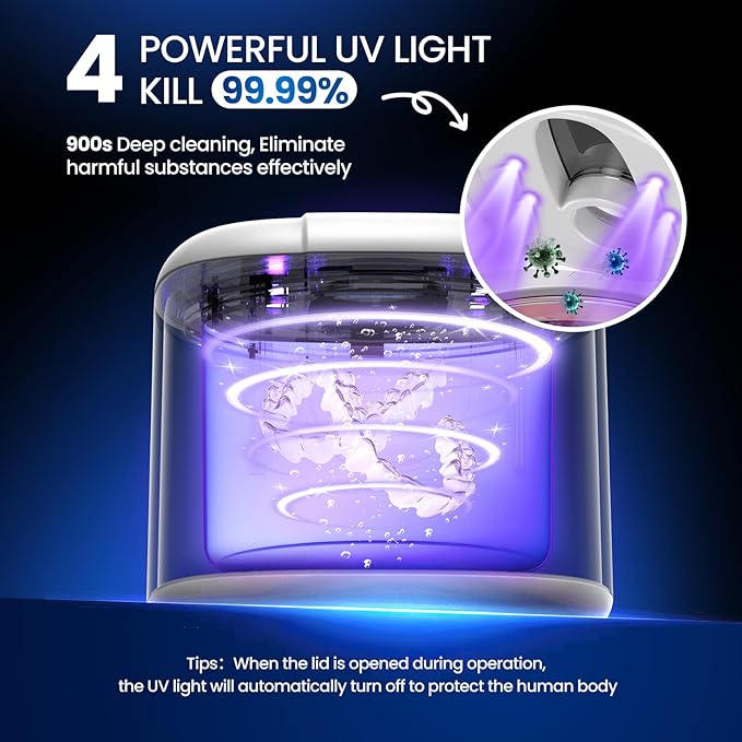 45kHz Ultrasonic Retainer Denture Cleaner Machine, Fast Cleaning for Aligners, Mouth Guards, Braces, Toothbrush Heads & Jewelry, 200ML Dental Cleaning Pod, 4 Modes & Digital Timer, White