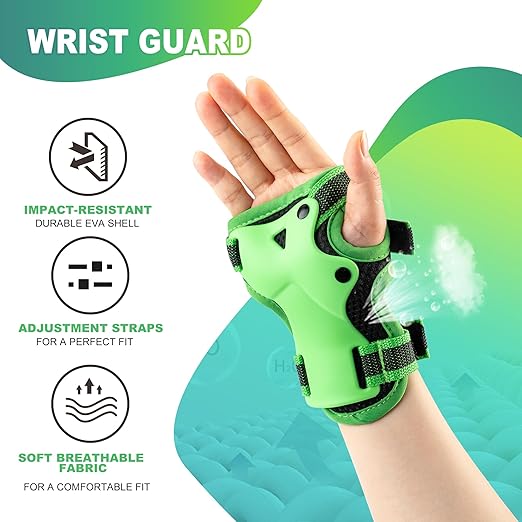2PM SPORTS Knee Pads for Kids, Wrist Guards Knee and Elbow Pads Set with Drawstring Bag, Protective Gear Set for Girls Boys Roller Skating Cycling Skateboard - Green Small-StrideForce Fitness
