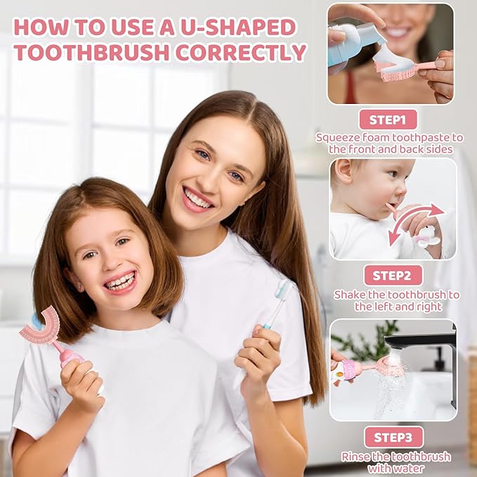 U-Shaped Toothbrush for Kids Ages 2-7，Soft Food-Grade Silicone for Sensitive Gums，360° Teeth Cleaning Design，Training & Travel-Friendly Toddler's Toothbrush (Pink)