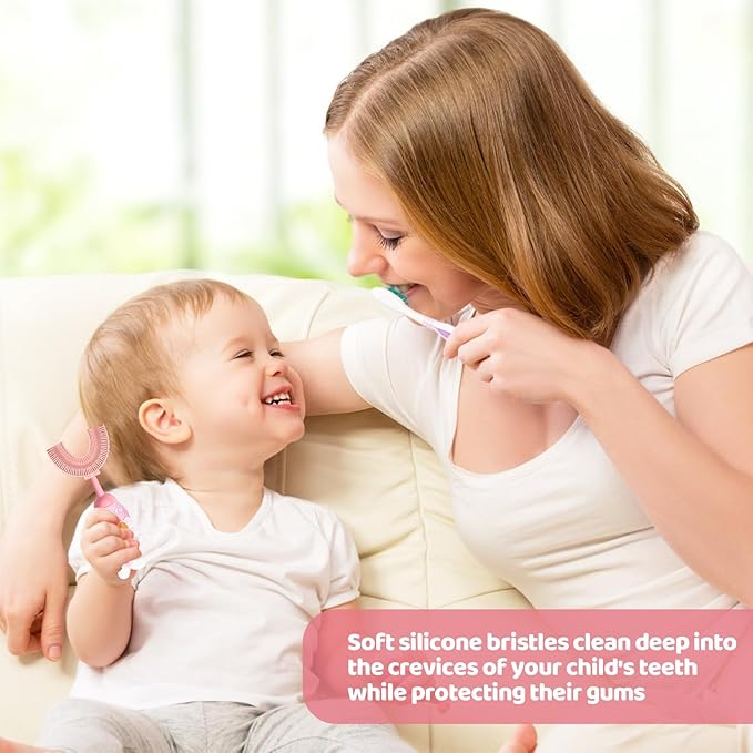 U-Shaped Toothbrush for Kids Ages 2-7，Soft Food-Grade Silicone for Sensitive Gums，360° Teeth Cleaning Design，Training & Travel-Friendly Toddler's Toothbrush (Pink)