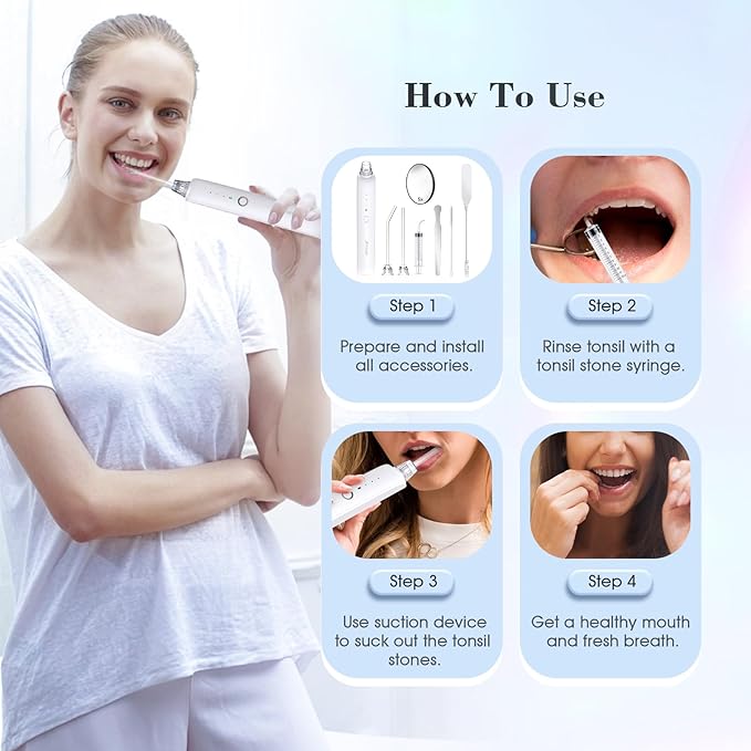 Electronic Tonsil Stone Remover Vacuum, 5X Magnifying Mirror, 3 Modes, LED Light Mouthwash, Bad Breath Water Flosser