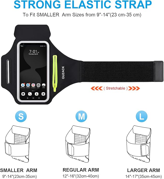 GUZACK Running Armband for iPhone 16 15 14 13 Pro Max, Galaxy S25 S24 S23 S22, with Card Slot & Key Pockets, Running Phone Holder, Fit Up to 6.9 Inches Phone - Size S (Smaller Arm 9-14 in)-StrideForce Fitness