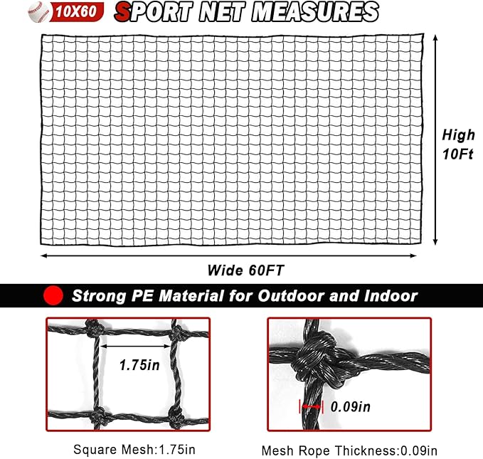 Baseball Softball Backstop Nets,Sports Net,Sports Netting Barrier,Sports Netting for Backyard,Twisted Knotted PE Net-StrideForce Fitness