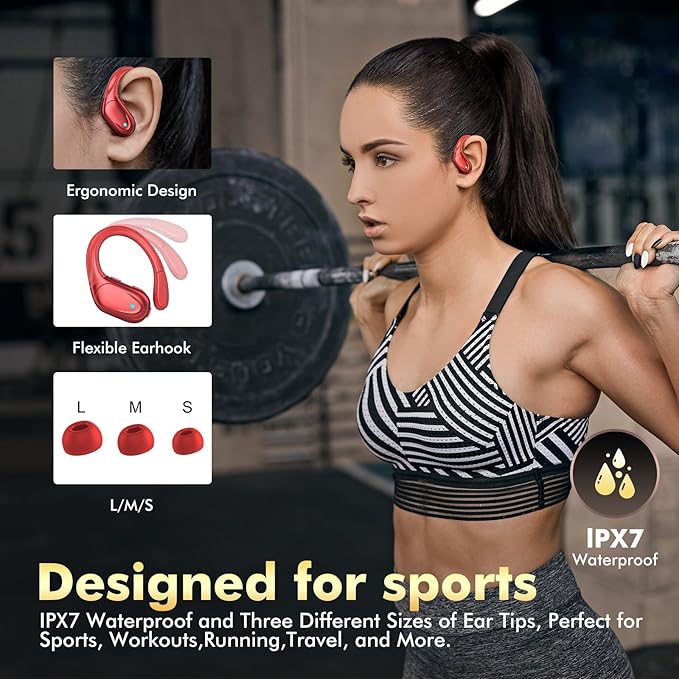 Wireless Earbuds, Sports Bluetooth Headphones, 80Hrs Playtime Ear Buds with LED Power Display, Noise Canceling Headset, IPX7 Waterproof Earphones for Workout/Running (Red)-StrideForce Fitness
