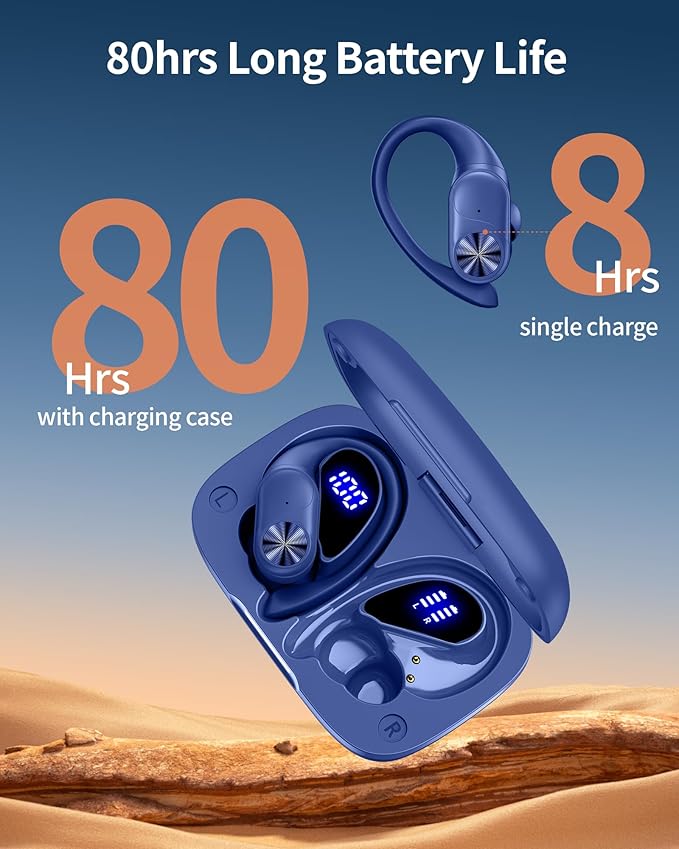 PocBuds Bluetooth Headphones Wireless Earbuds 80hrs Playtime Wireless Charging Case Digital Display Sports Ear Buds with Earhook Deep Bass IPX7 Waterproof Over-Ear Earphones for TV Phone Laptop Navy-StrideForce Fitness