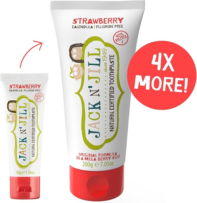 Jack N' Jill Mega Toothpaste 4x More - Natural Toddler Toothpaste for Baby, Kids & Infants 6 Months & Up, Fluoride Free Training Toothpaste for Toddlers 1-3, 40% Xylitol - Strawberry, 7.05 oz (1-Pack)