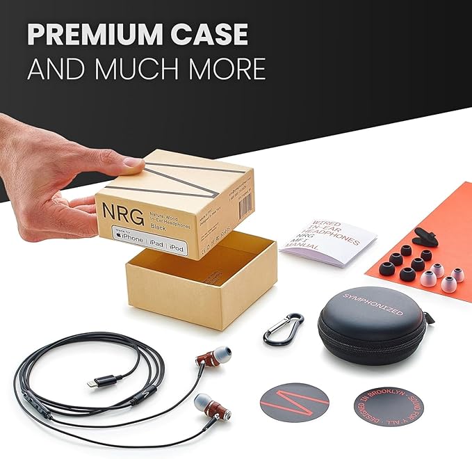 Symphonized iPhone Earphones Wired Deep Bass Sound, 3D Sound, Microphone Volume Control, 90% Noise Cancelling, Bubinga Wooden with Lightning (Apple MFI Certified), iPhone SE to 14 Earbuds (Black)-StrideForce Fitness