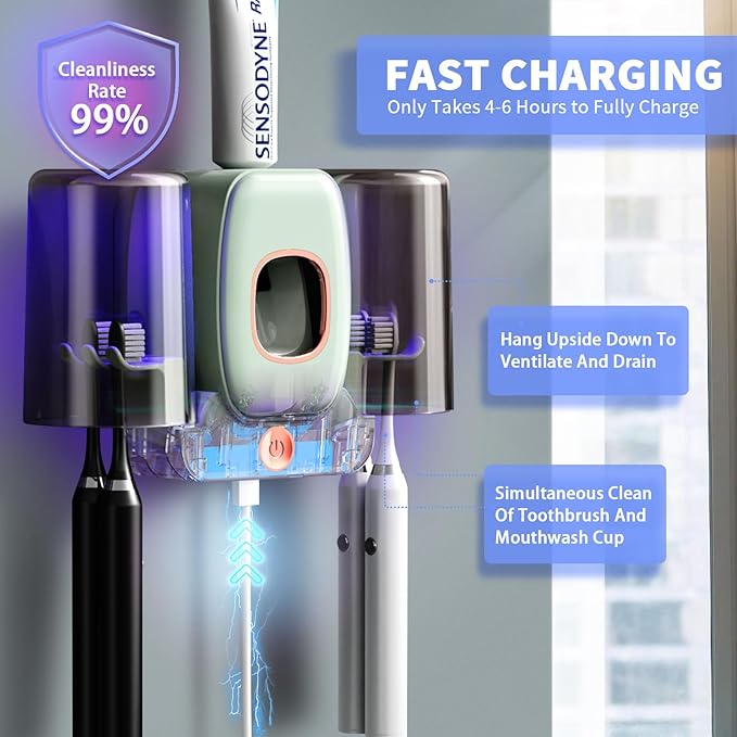 Toothbrush Holders for Bathrooms, Wekity Automatic Toothpaste Dispenser Space Saving Toothbrush and Toothpaste Holder，Toothbrush Holder Wall Mounted with 2 Cups for Bathroom (Green)…