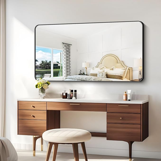 30x60 inch Bathroom Mirror,Black Rectangle Mirror,Wall Mounted Bathroom Frame Vanity Mirror with Round Corner for Bedroom Living Room, Entryway Hangs Horizontal or Vertical-StrideForce Fitness