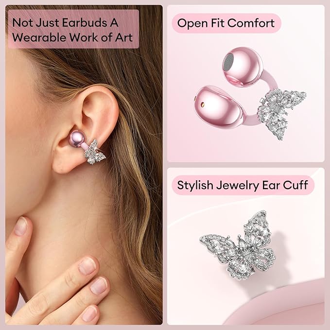 PAXA Stylish Open Ear Clip On Earbuds with Removable Butterfly Earring, Clip On Headphones with LCD Touch Screen, Fashionables Open Ear Headphones for Women, Butterfly Earring Rose Gold Earbuds-StrideForce Fitness