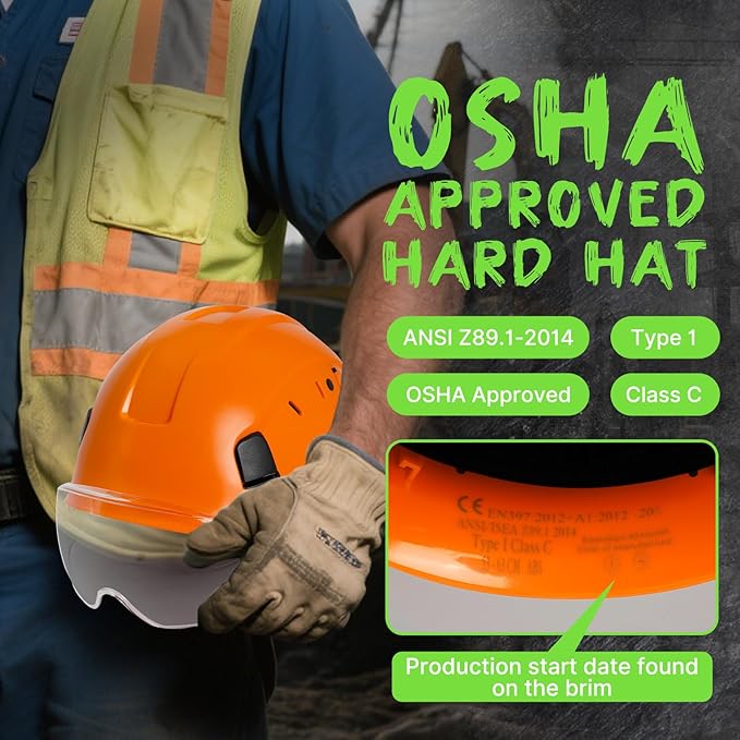 AOLAMEGS Construction Vented Hard Hats -Adjustable Vented Hard Hat with Visor for Men Women ABS Safety Helmet 6-Point Suspension Work Hardhats for Outdoor Height Industrial (Orange Clear Visor)-StrideForce Fitness