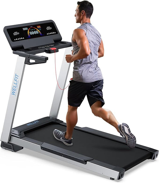 WELLFIT Treadmill for Home, 2 Level Incline Heavyduty Treadmill with Pulse Sensor, 4.0 HP, 1.0-10.0 MPH, 450/360 lbs Capacity, Large Running Area Treadmills with Bluetooth Player & LED Display-StrideForce Fitness
