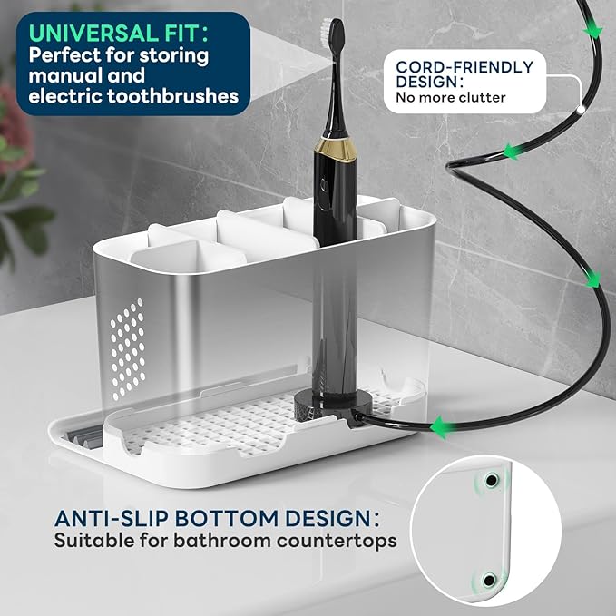 Bathroom Countertop Organizer with Front Ledge for Phone, Detachable Kids Toothbrush Holders with Cord Slots and Ring Holder, 6 Slots Toothbrush Toothpaste Holder with Drainage for Family